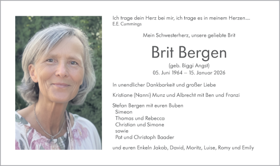 Traueranzeige von Brit Bergen von Stuttgarter Zeitung / Stuttgarter Nachrichten
