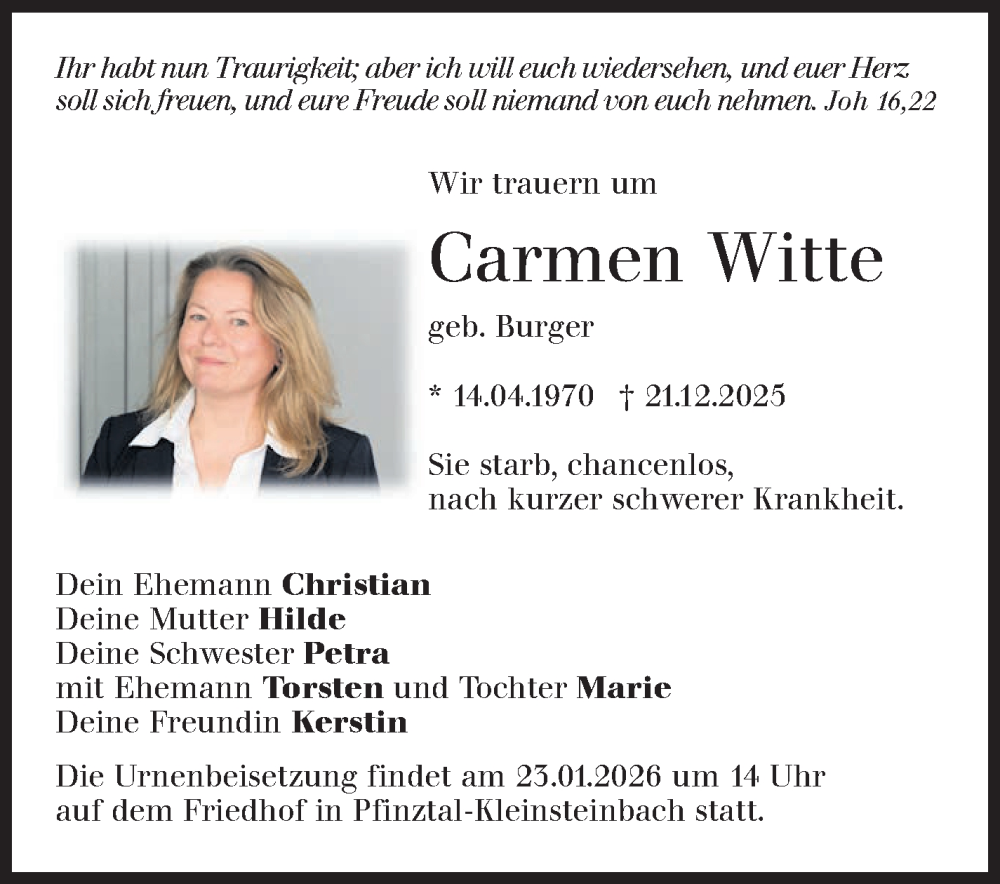  Traueranzeige für Carmen Witte vom 08.01.2026 aus Stuttgarter Zeitung / Stuttgarter Nachrichten