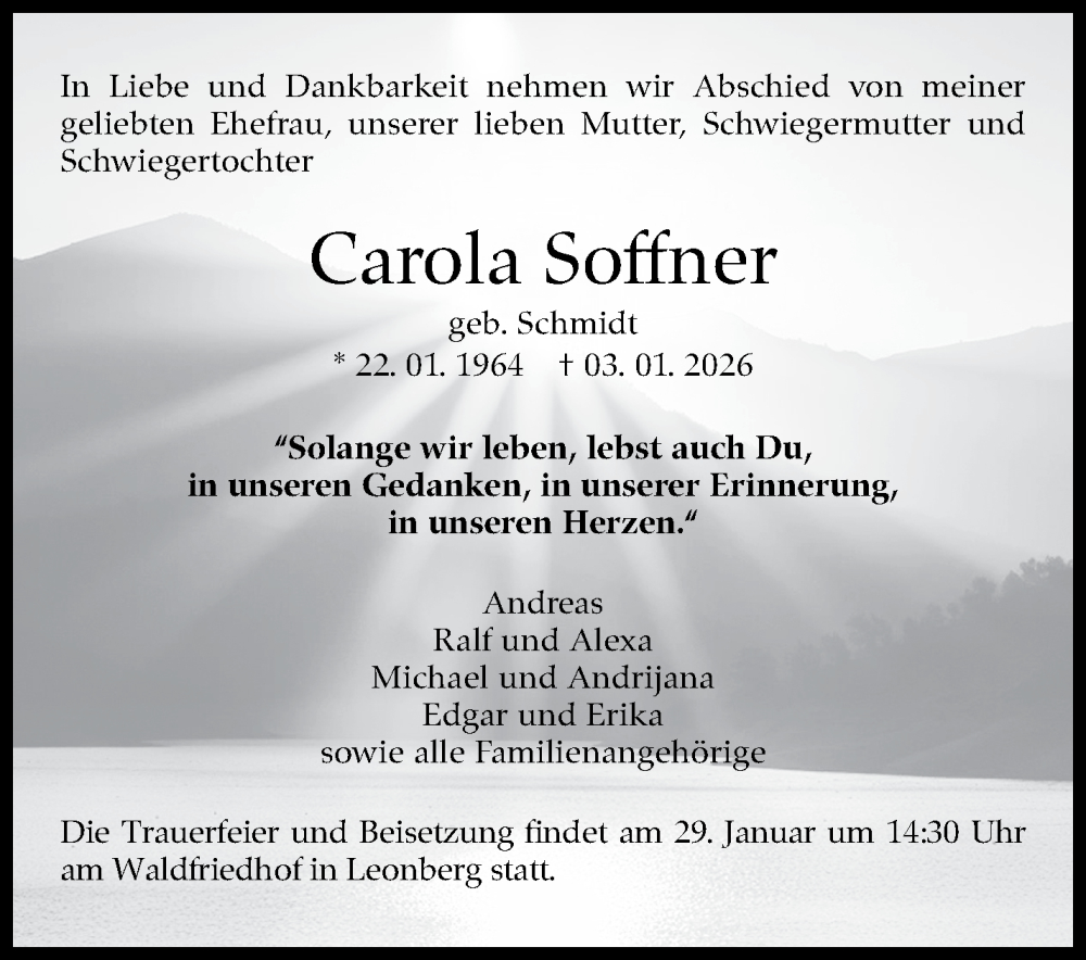  Traueranzeige für Carola Soffner vom 23.01.2026 aus Leonberger Kreiszeitung / Strohgäu Extra