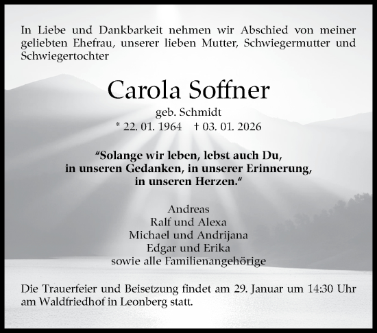 Traueranzeige von Carola Soffner von Leonberger Kreiszeitung / Strohgäu Extra