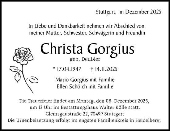 Traueranzeige von Christa Gorgius von Stuttgarter Zeitung / Stuttgarter Nachrichten