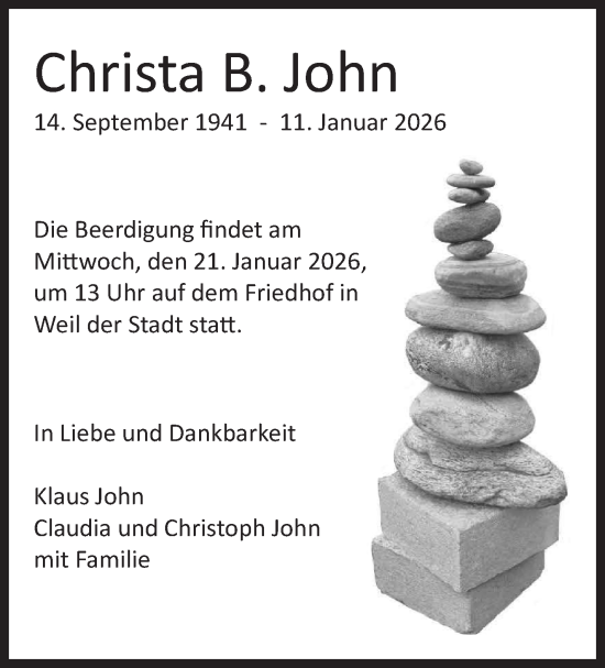Traueranzeige von Christa John von Leonberger Kreiszeitung / Strohgäu Extra