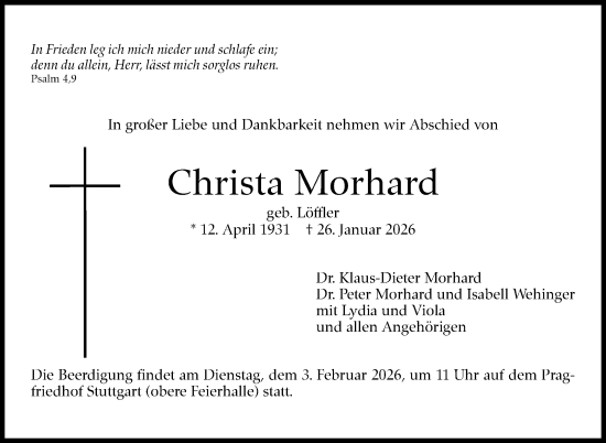 Traueranzeige von Christa Morhard von Stuttgarter Zeitung / Stuttgarter Nachrichten