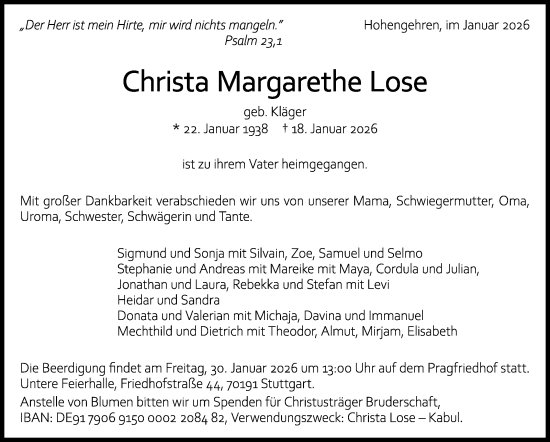 Traueranzeige von Christa Margarethe Lose von Eßlinger Zeitung