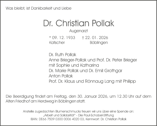Traueranzeige von Christian Pollak von Kreiszeitung Böblinger Bote