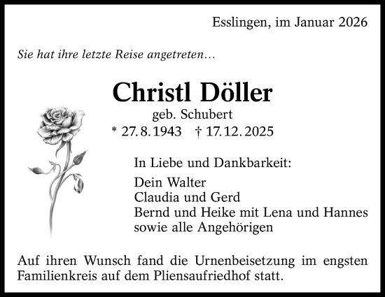 Traueranzeige von Christl Döller von Eßlinger Zeitung