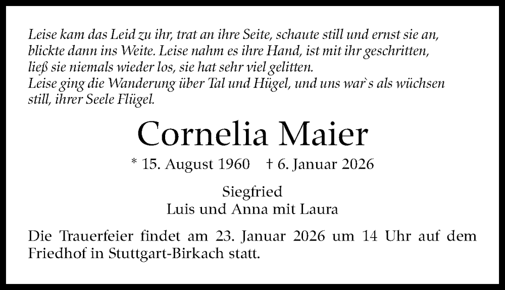  Traueranzeige für Cornelia Maier vom 21.01.2026 aus Stuttgarter Zeitung / Stuttgarter Nachrichten