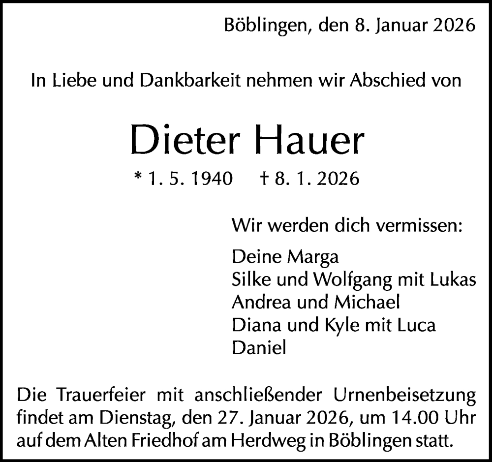  Traueranzeige für Dieter Hauer vom 16.01.2026 aus Kreiszeitung Böblinger Bote