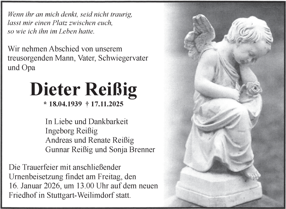  Traueranzeige für Dieter Reißig vom 14.01.2026 aus Stuttgarter Zeitung / Stuttgarter Nachrichten