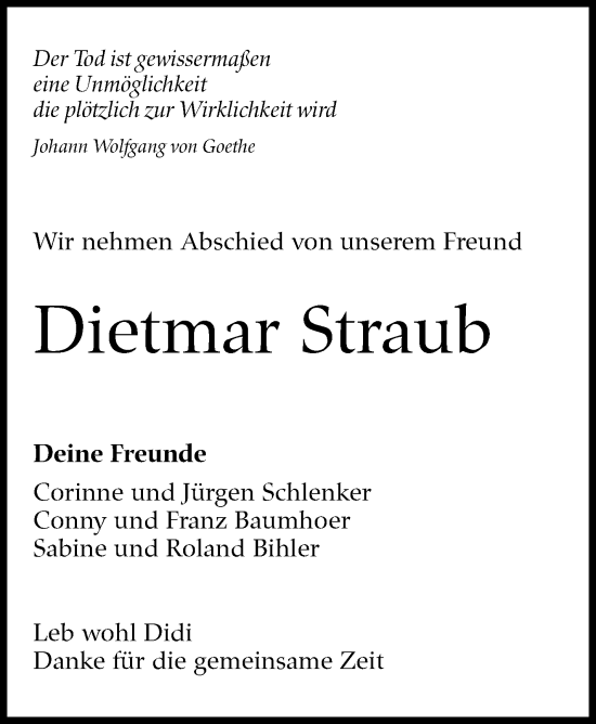 Traueranzeige von Dietmar Straub von Stuttgarter Zeitung / Stuttgarter Nachrichten