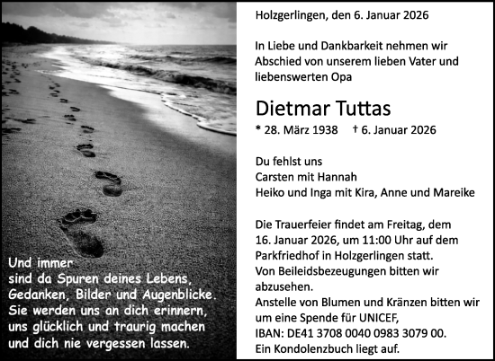 Traueranzeige von Dietmar Tuttas von Kreiszeitung Böblinger Bote