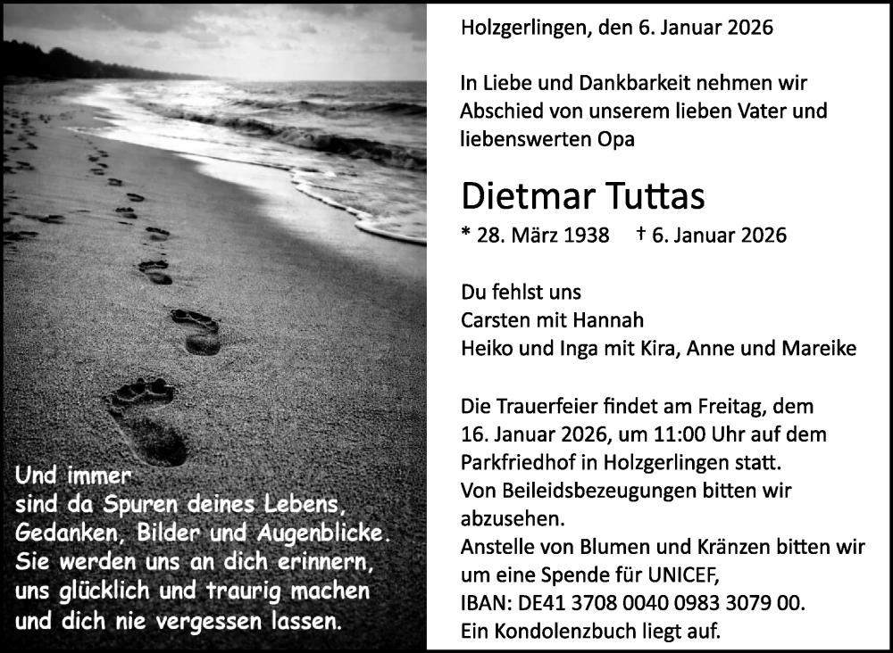  Traueranzeige für Dietmar Tuttas vom 13.01.2026 aus Kreiszeitung Böblinger Bote