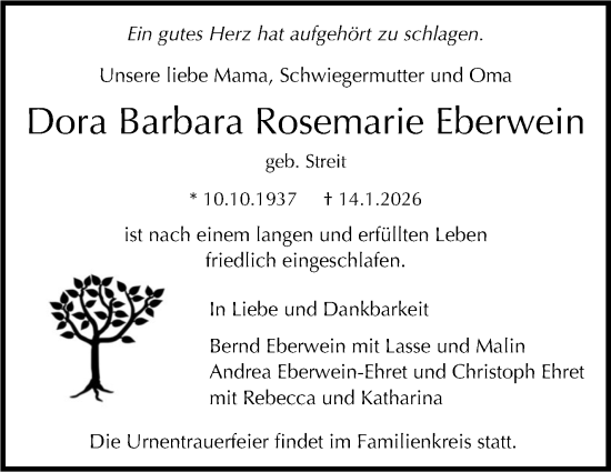 Traueranzeige von Dora Barbara Rosemarie Eberwein von Stuttgarter Zeitung / Stuttgarter Nachrichten