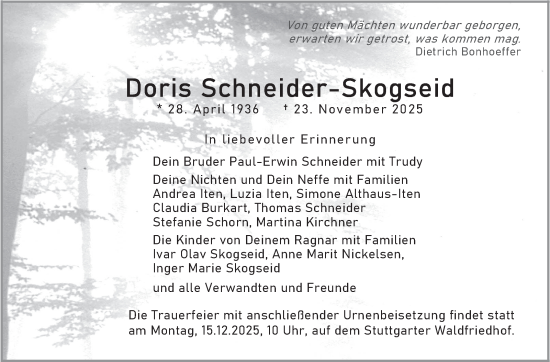 Traueranzeige von Doris Schneider-Skogseid von Stuttgarter Zeitung / Stuttgarter Nachrichten