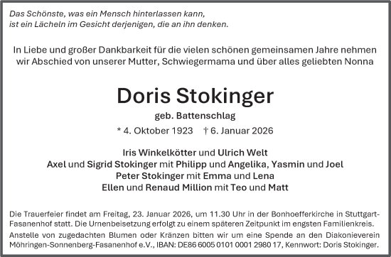 Traueranzeige von Doris Stokinger von Stuttgarter Zeitung / Stuttgarter Nachrichten