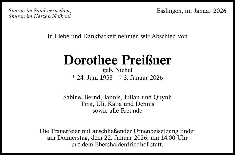  Traueranzeige für Dorothee Preißner vom 17.01.2026 aus Eßlinger Zeitung