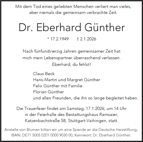 Traueranzeige von Eberhard Günther von Stuttgarter Zeitung / Stuttgarter Nachrichten