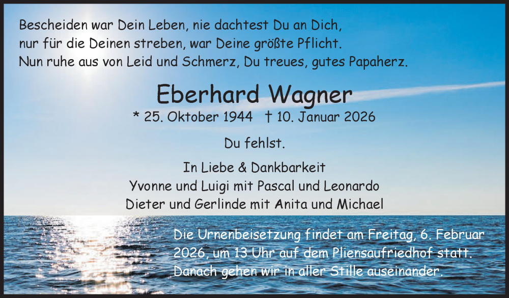  Traueranzeige für Eberhard Wagner vom 17.01.2026 aus Eßlinger Zeitung