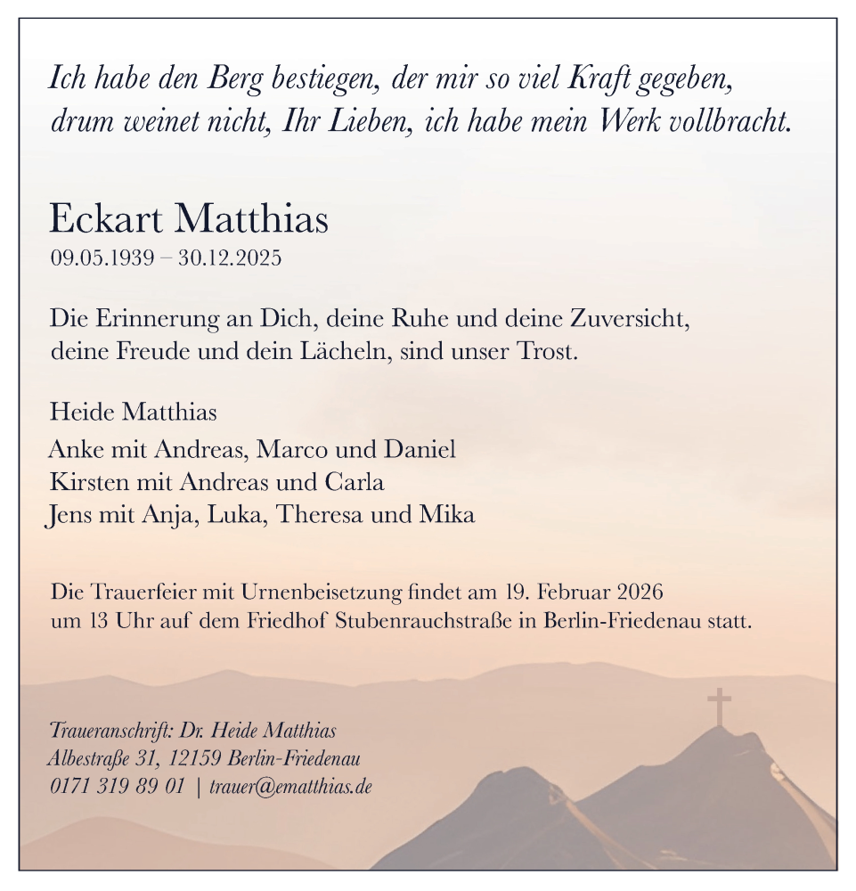  Traueranzeige für Eckart Matthias vom 22.01.2026 aus Leonberger Kreiszeitung / Strohgäu Extra