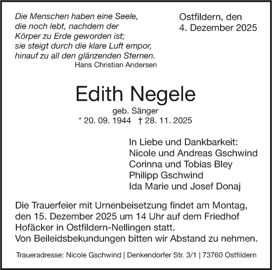 Traueranzeige von Edith Negele von Eßlinger Zeitung