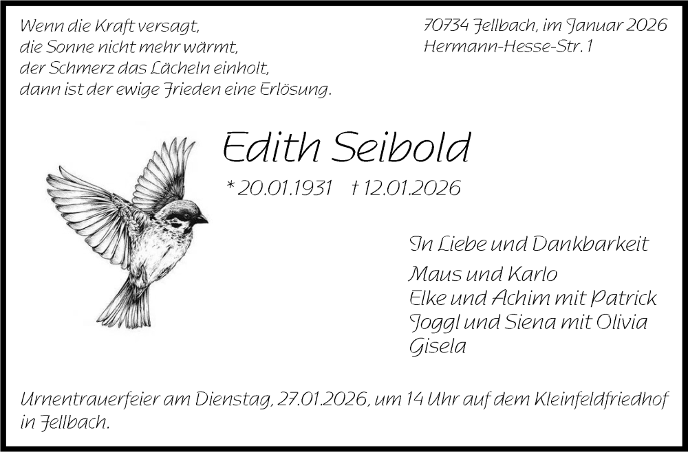  Traueranzeige für Edith Seibold vom 22.01.2026 aus Stuttgarter Zeitung / Stuttgarter Nachrichten