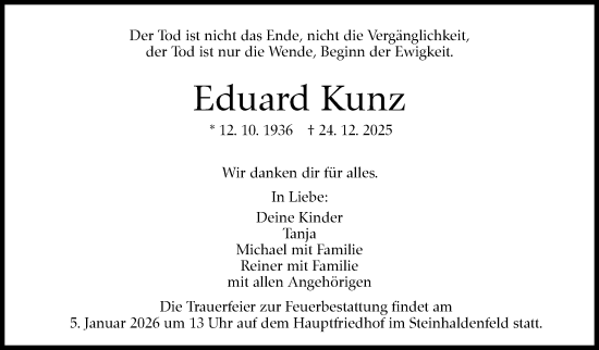 Traueranzeige von Eduard Kunz von Stuttgarter Zeitung / Stuttgarter Nachrichten
