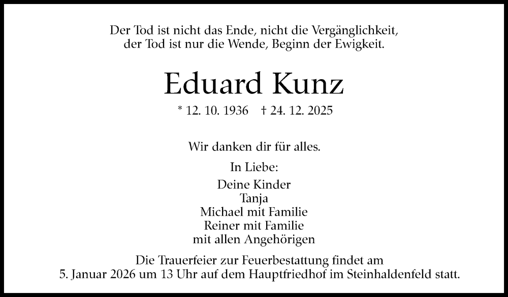  Traueranzeige für Eduard Kunz vom 03.01.2026 aus Stuttgarter Zeitung / Stuttgarter Nachrichten