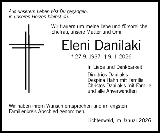 Traueranzeige von Eleni Danilaki von Eßlinger Zeitung
