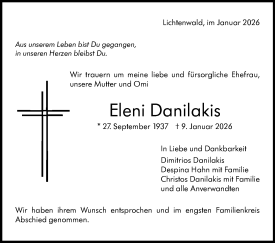 Traueranzeige von Eleni Danilakis von Eßlinger Zeitung