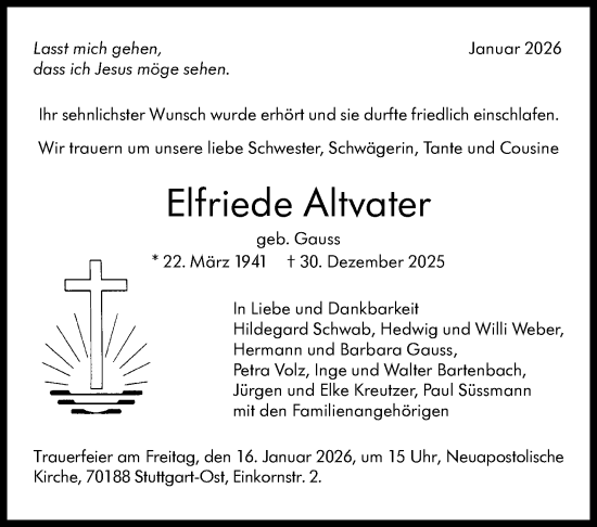 Traueranzeige von Elfriede Altvater von Stuttgarter Zeitung / Stuttgarter Nachrichten