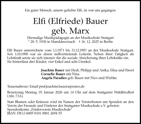 Traueranzeige von Elfriede Bauer von Stuttgarter Zeitung / Stuttgarter Nachrichten