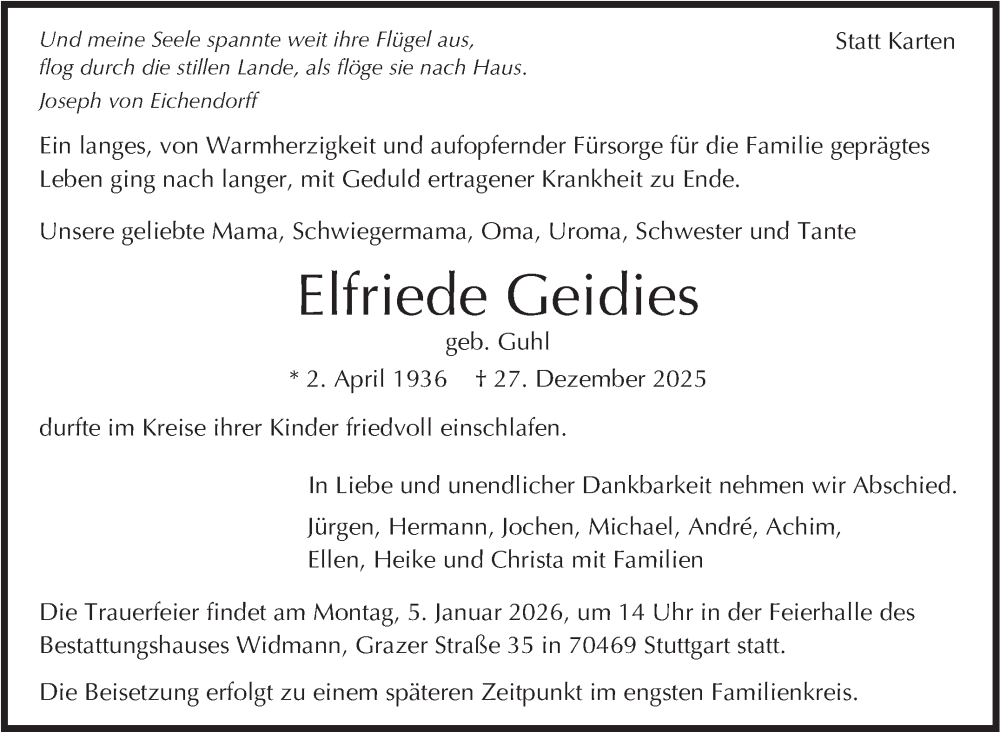  Traueranzeige für Elfriede Geidies vom 03.01.2026 aus Stuttgarter Zeitung / Stuttgarter Nachrichten