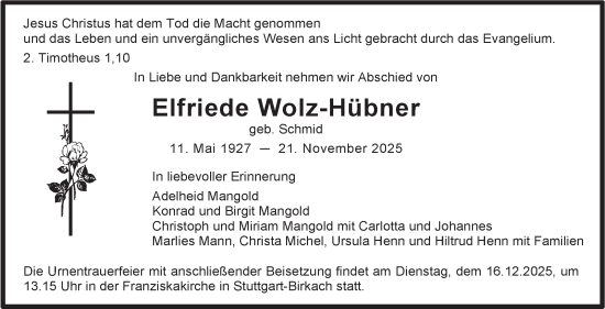 Traueranzeige von Elfriede Wolz-Hübner von Stuttgarter Zeitung / Stuttgarter Nachrichten