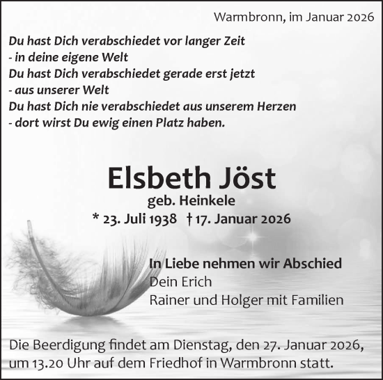 Traueranzeige von Elsbeth Jöst von Leonberger Kreiszeitung / Strohgäu Extra