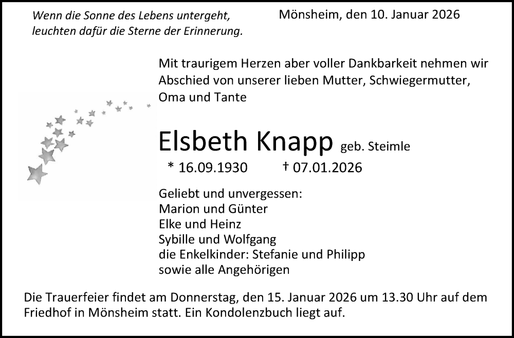  Traueranzeige für Elsbeth Knapp vom 10.01.2026 aus Leonberger Kreiszeitung / Strohgäu Extra