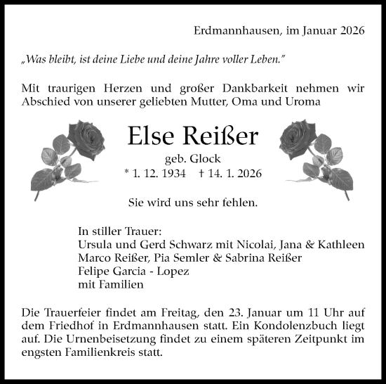 Traueranzeige von Else Reißer von Marbacher Zeitung