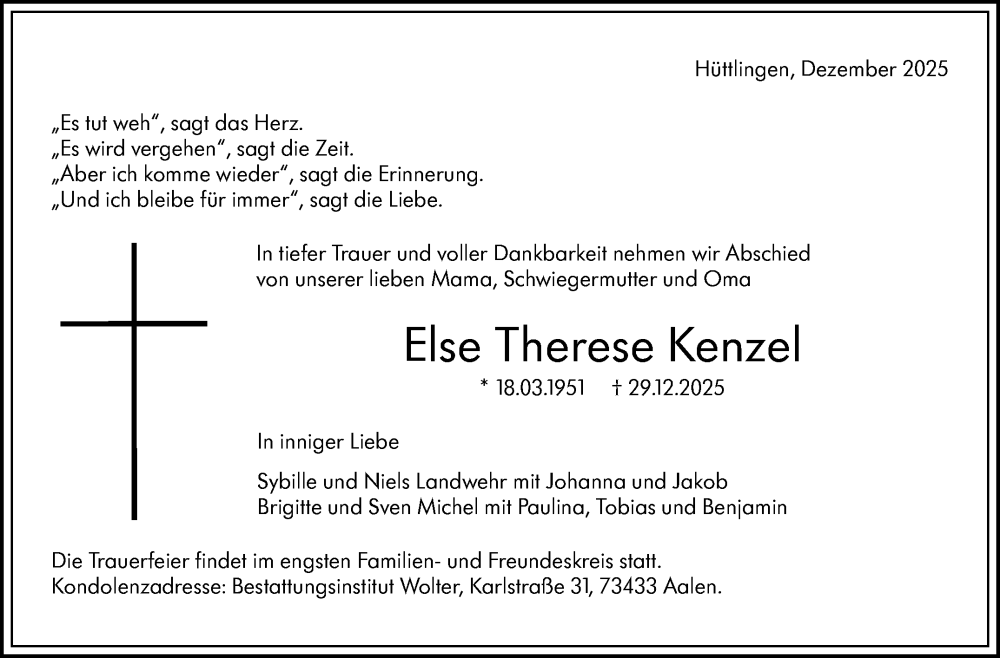  Traueranzeige für Else Therese Kenzel vom 10.01.2026 aus Eßlinger Zeitung