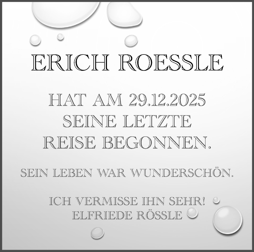  Traueranzeige für Erich Roessle vom 24.01.2026 aus Stuttgarter Zeitung / Stuttgarter Nachrichten