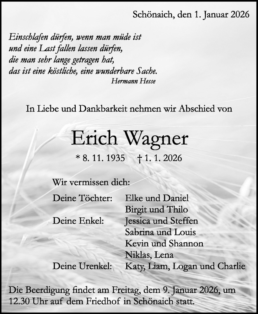  Traueranzeige für Erich Wagner vom 07.01.2026 aus Kreiszeitung Böblinger Bote