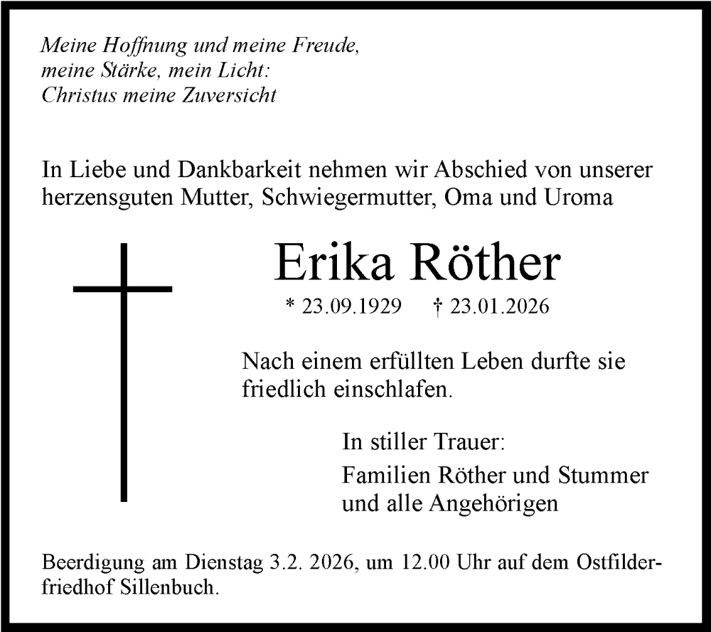  Traueranzeige für Erika Röther vom 29.01.2026 aus Stuttgarter Zeitung / Stuttgarter Nachrichten