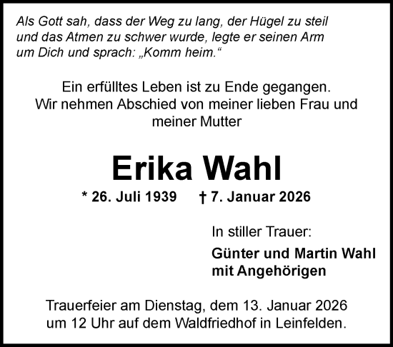 Traueranzeige von Erika Wahl von Stuttgarter Zeitung / Stuttgarter Nachrichten