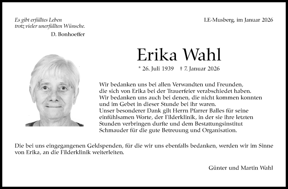 Traueranzeige für Erika Wahl vom 24.01.2026 aus Stuttgarter Zeitung / Stuttgarter Nachrichten