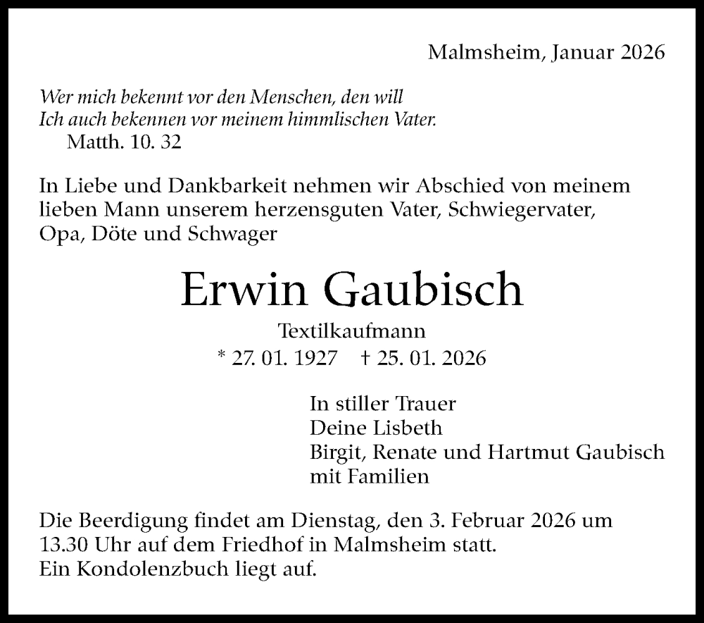  Traueranzeige für Erwin Gaubisch vom 31.01.2026 aus Leonberger Kreiszeitung / Strohgäu Extra