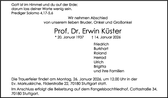 Traueranzeige von Erwin Küster von Stuttgarter Zeitung / Stuttgarter Nachrichten