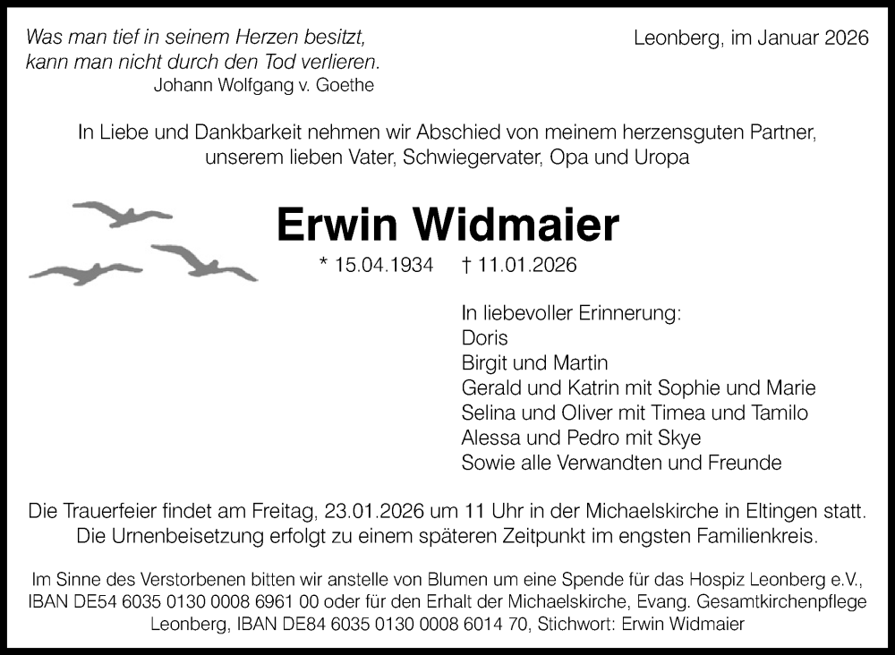  Traueranzeige für Erwin Widmaier vom 19.01.2026 aus Leonberger Kreiszeitung / Strohgäu Extra