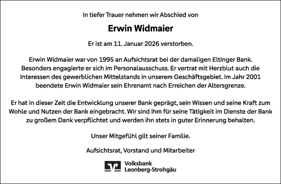 Traueranzeige von Erwin Widmaier von Leonberger Kreiszeitung / Strohgäu Extra