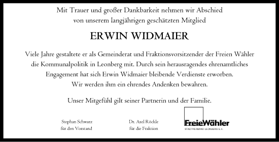 Traueranzeige von Erwin Widmaier von Leonberger Kreiszeitung / Strohgäu Extra
