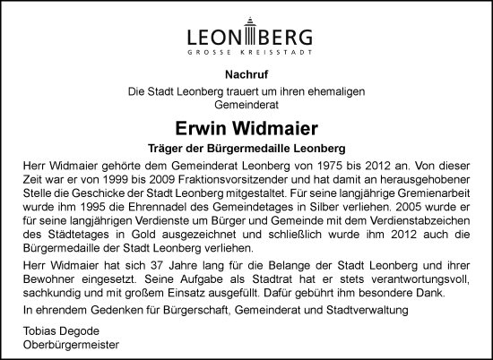 Traueranzeige von Erwin Widmaier von Leonberger Kreiszeitung / Strohgäu Extra