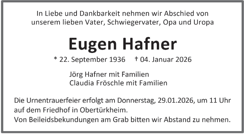  Traueranzeige für Eugen Hafner vom 23.01.2026 aus Stuttgarter Zeitung / Stuttgarter Nachrichten