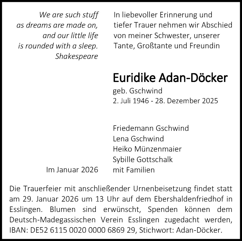 Traueranzeige für Euridike Adan-Döcker vom 17.01.2026 aus Stuttgarter Zeitung / Stuttgarter Nachrichten